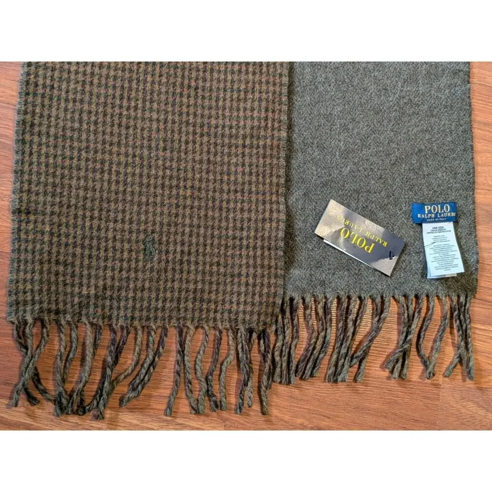 Polo Ralph Lauren Scarf Italy Wool Reversible Brown Green Houndstooth Fringe NWT
